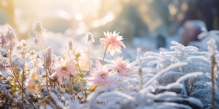 garden with frosted flowers and delicate plants, showing the unique beauty that winter brings to nature. Generative AIの素材