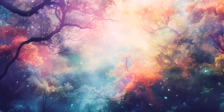 enchanted forest canopy, with whimsical trees and soft, ethereal flowers. Generative AIの素材