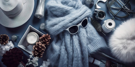 Top-view background with a winter theme showcasing chic winter fashion items, scarves, and accessories. Generative AIの素材
