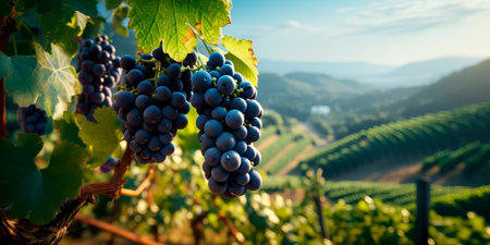 ripe grapes on the vine, bathed in sunlight, with the backdrop of a lush vineyard stretching into the distance. Generative AIの素材