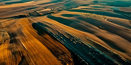 aerial view of vast fields with intricate crop patterns, illustrating the scale and precision of spring planting.の素材