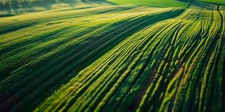 aerial view of vast fields with intricate crop patterns, illustrating the scale and precision of spring planting.の素材