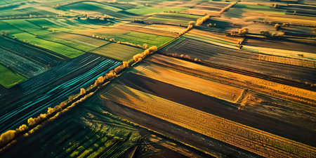 aerial view of vast fields with intricate crop patterns, illustrating the scale and precision of spring planting.の素材
