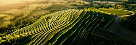 aerial view of vast fields with intricate crop patterns, illustrating the scale and precision of spring planting.の素材