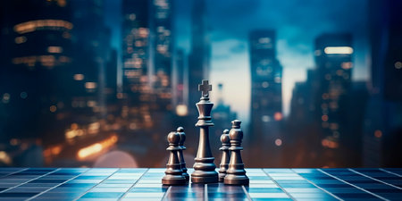 A chessboard representing the world of business, symbolizing companies taking strategic steps.の素材