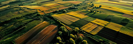 aerial view of vast fields with intricate crop patterns, illustrating the scale and precision of spring planting.の素材