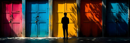 businessman in front of multiple doors of diverse colors as a symbol for different opportunities.の素材