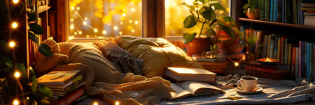 A cozy reading nook with books, blankets and mugs of hot drinks, perfect for book-loving couples.の素材