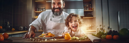 The little chef watches and learns how an adult prepares delicious dishes in the kitchen.の素材