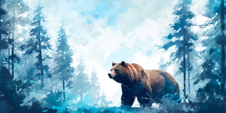 Watercolor fantastic forest landscape with a bearの素材
