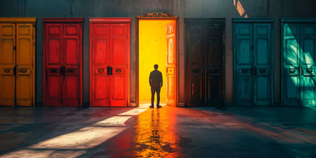businessman in front of multiple doors of diverse colors as a symbol for different opportunities.の素材