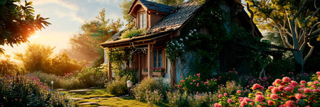 A charming flower-filled cottage surrounded by a lush garden filled with colorful flowers and climbing vines.の素材