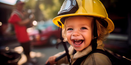 child smiling in fireman's helmetの素材