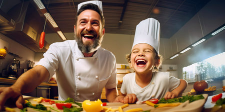 The little chef watches and learns how an adult prepares delicious dishes in the kitchen.の素材