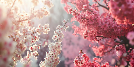 background with a lush canopy of pink and white cherry blossoms symbolizing the arrival of spring.の素材