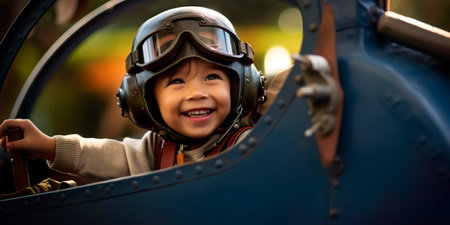 Child with a bright smile behind a pilot, perhaps sitting in a cockpit or holding a model airplane.の素材