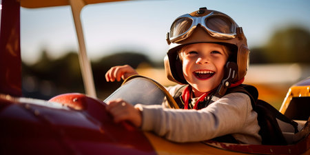 Child with a bright smile behind a pilot, perhaps sitting in a cockpit or holding a model airplane.の素材
