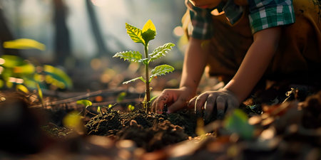 The child happily helps the ecologist and plants trees.の素材