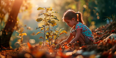 The child happily helps the ecologist and plants trees.の素材