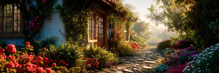 A charming flower-filled cottage surrounded by a lush garden filled with colorful flowers and climbing vines.の素材