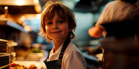 The little chef watches and learns how an adult prepares delicious dishes in the kitchen.の素材