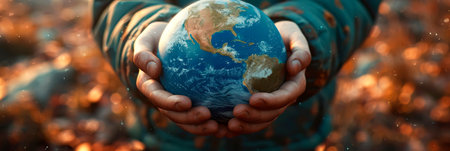 caring hands cradling the Earth, symbolizing human responsibility and commitment to nurturing and protecting the planet.の素材