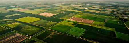 aerial view of vast fields with intricate crop patterns, illustrating the scale and precision of spring planting.の素材