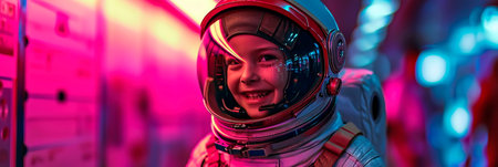 Child with a beaming smile in a spacesuit or a space lover dressed in a space-themed costume.の素材