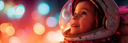 Child with a beaming smile in a spacesuit or a space lover dressed in a space-themed costume.の素材