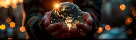caring hands cradling the Earth, symbolizing human responsibility and commitment to nurturing and protecting the planet.の素材