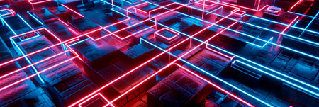 lattice structure with intersecting neon lines forming complex geometric patternsの素材