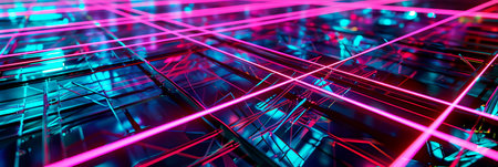 lattice structure with intersecting neon lines forming complex geometric patternsの素材