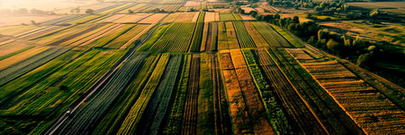 aerial view of vast fields with intricate crop patterns, illustrating the scale and precision of spring planting.の素材