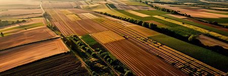 aerial view of vast fields with intricate crop patterns, illustrating the scale and precision of spring planting.の素材