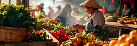 farmers preparing their fresh crops for a market, highlighting the connection between farmers and consumers.の素材