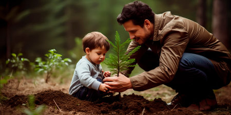 The child happily helps the ecologist and plants trees.の素材