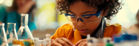 Children participate in scientific research, experiment with laboratory equipment.の素材