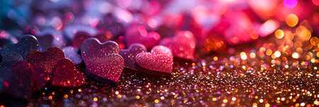 glitter background with hearts of different sizes and bright colors.の素材