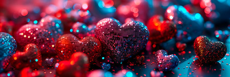 glitter background with hearts of different sizes and bright colors.の素材