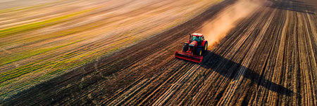 tractor plowing through fields, preparing the soil for spring planting, showcasing the mechanized side of modern agriculture.の素材