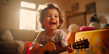 child smiling with a guitar in his hands, playing the guitarの素材