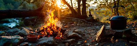cooking on a fire outdoors, spring outdoor recreationの素材