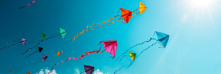 Festival of kites flying in the clear blue sky.の素材