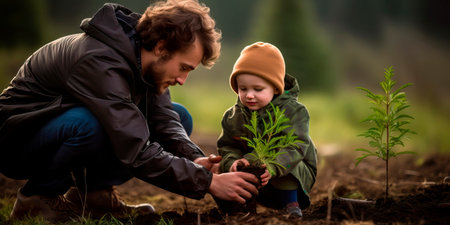 The child happily helps the ecologist and plants trees.の素材
