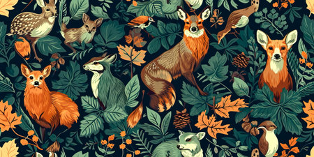 pattern with a woodland-inspired design, featuring forest animals and nature motifs.の素材