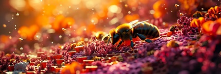 Bee foraging for nectar, the role of bees in pollination and environmental health.の素材