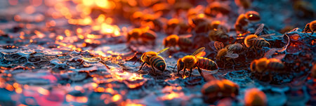 Bee foraging for nectar, the role of bees in pollination and environmental health.の素材