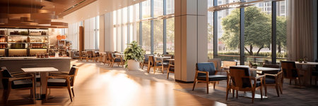 Hospital lobby's cafe or refreshment area, featuring details of the menu, seating arrangements, and a cozy ambiance.の素材