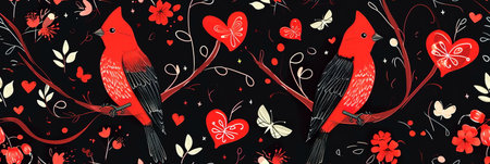 pattern of lovebirds and heart-shaped nests for a whimsical Valentine's Day-themed background.の素材