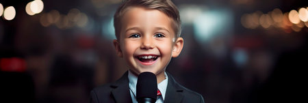child smiling media worker holding an imitation microphone in his hands.の素材